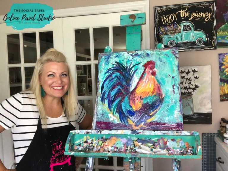 Christie Hawkins and Rooster Palette Knife Painting
