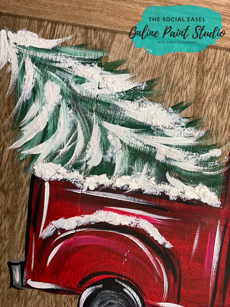 Winter Red Truck bed with evergreen tree in it