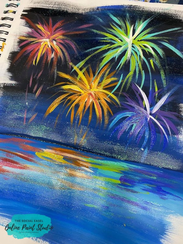 Colorful Fireworks over water with the social easel online paint studio