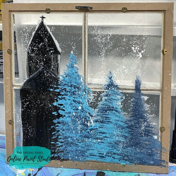 The back side of the window. Painting a Winter Scene on a Plexiglass Window Framed The Social Easel copy