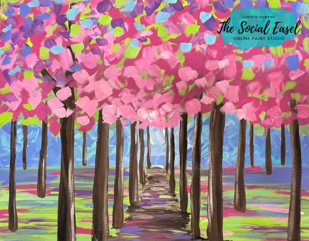 Completed painting of a pink, purple, green and blue painted Spring Path surrounded by equally colorful trees