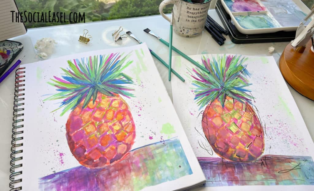 two pineapple paintings on the desk How to paint a Watercolor Pineapple