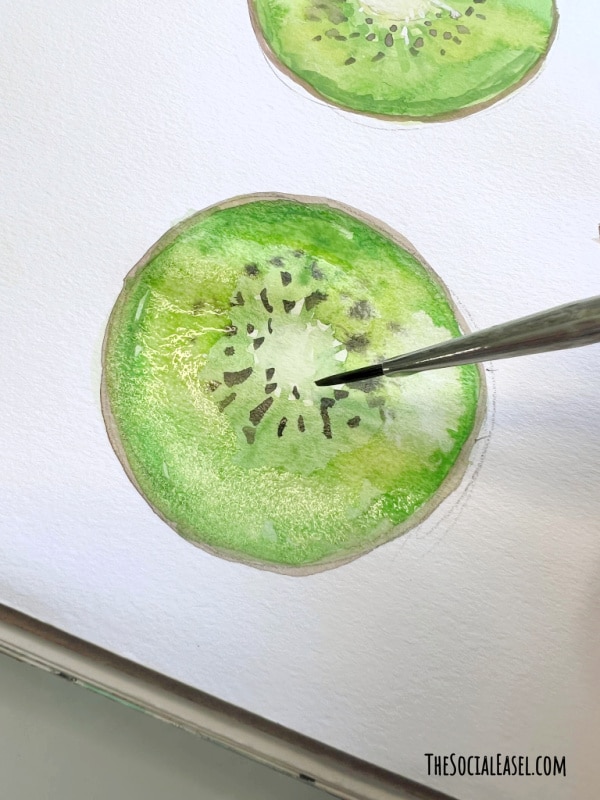 Adding the seeds to the Watercolor Kiwi Painting