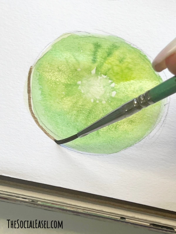 Painting the grown line around the parameter of the kiwi slice_Watercolor Kiwi Painting Tutorial