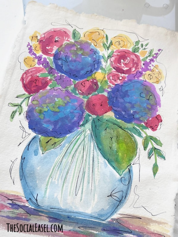 Colorful Watercolor Flower Arrangement painted on rough edge natural paper