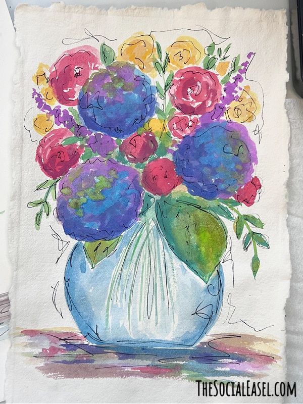 Colorful Watercolor Flower Arrangement painted on rough edge paper