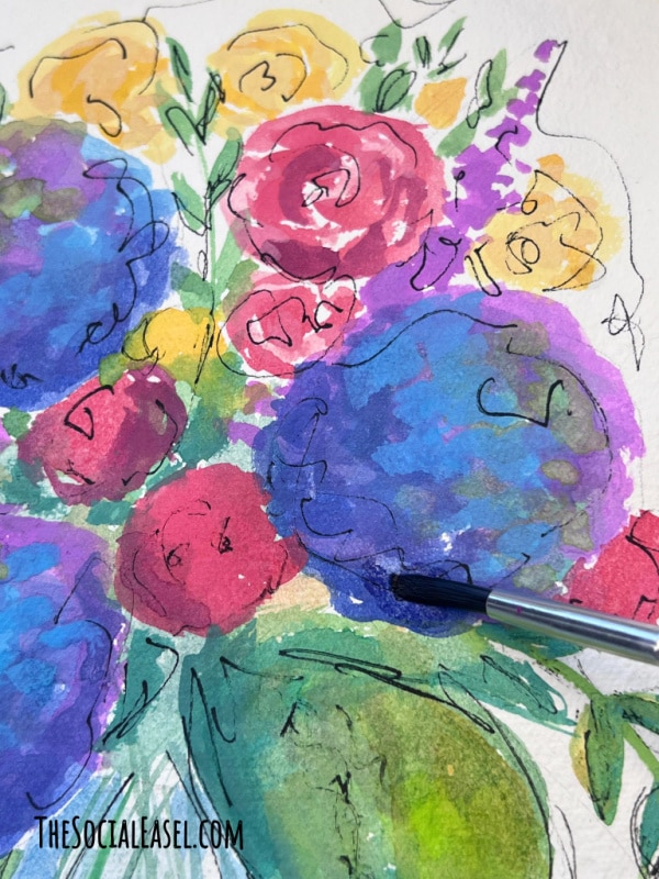 close up of painting the hydrangeas flowers in my Colorful Watercolor Floral Arrangement Tutorial