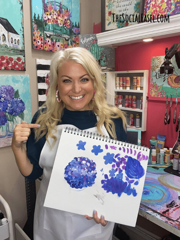 Christie Hawkins sharing a sketchbook with the steps of how to paint hydrangeas