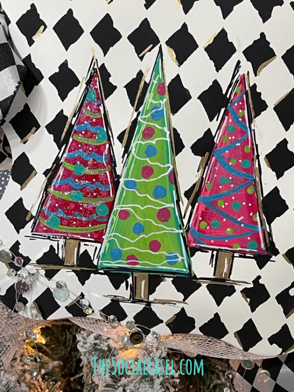 Colorful DIY Painted Whimsical Harlequin Christmas Tree Sign