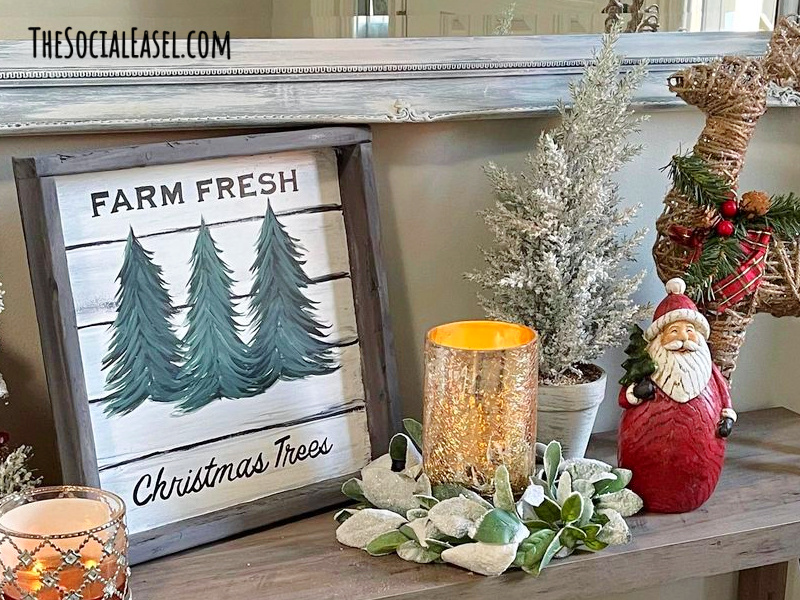 Christmas Tree Farm Sign on a table with holiday home decor