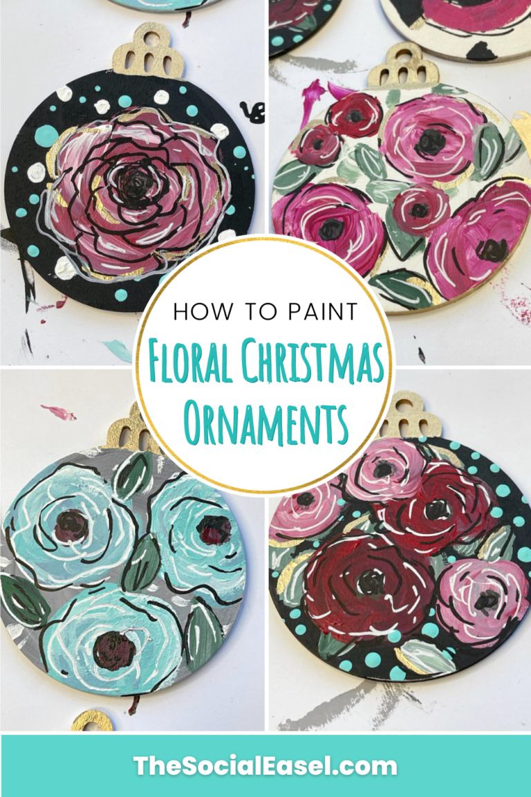 4 grid image of floral painted Christmas Ornaments