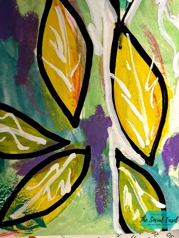 Leaf shapes are colored yellow, orange, and green. They are outlined with a black marker. The abstract background is  colors of purple, greens, teal. 
