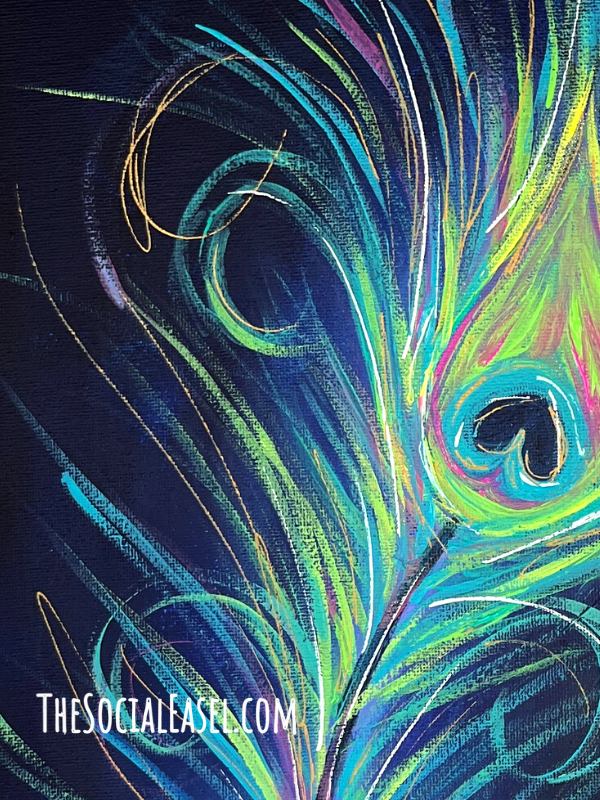 Adding curly wispy feathers to the peacock feather.  Teal, yellow, lime green, purple colors. 