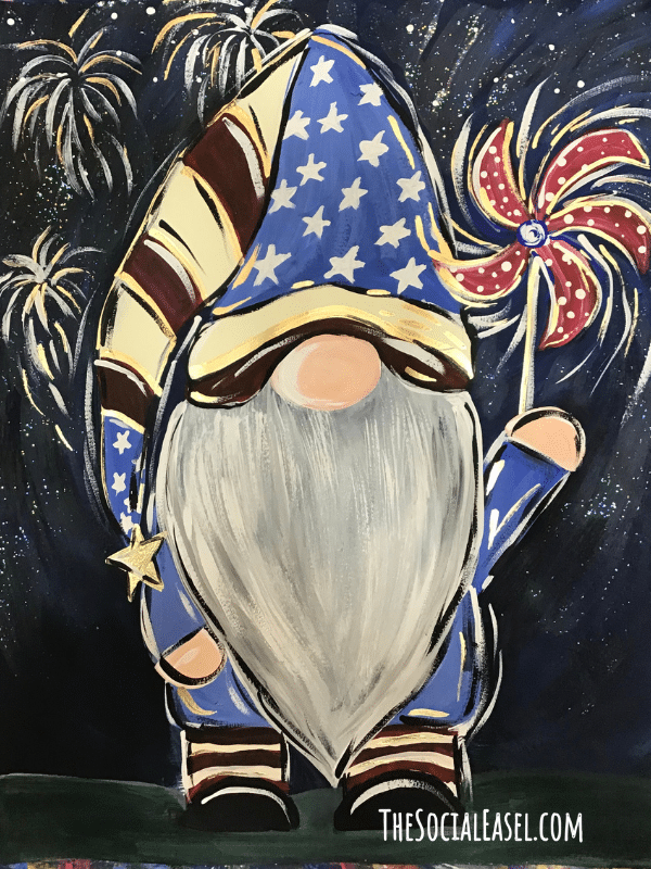 Black background with gold and silver fireworks. A Gnome with a festive red and white stripped had and blue and white stars. The gnome is holding a red and white polka dot windmill. 