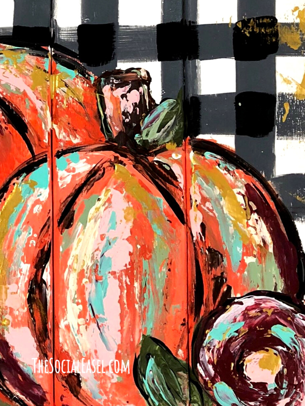 Black and white plaid background, orange pumpkin, and a bloom at the bottom. Both the pumpkin and bloom have black outline and teal yellow, green, pink and black colors added for texture. 