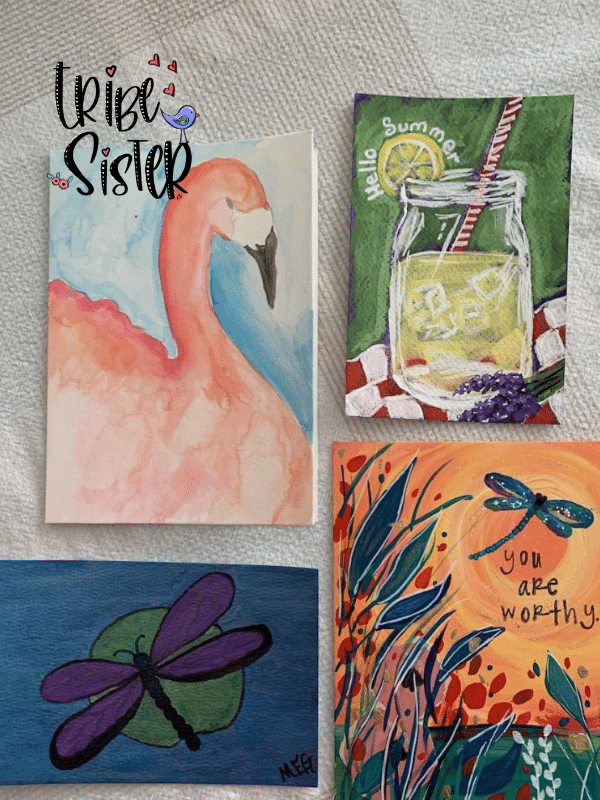 Colorful postcards painted by Tribe Sisters for a card swap. 