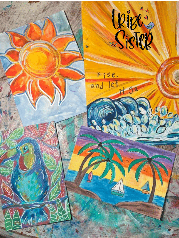 Colorful painted postcards painted by Tribe Sisters for a card swap. 