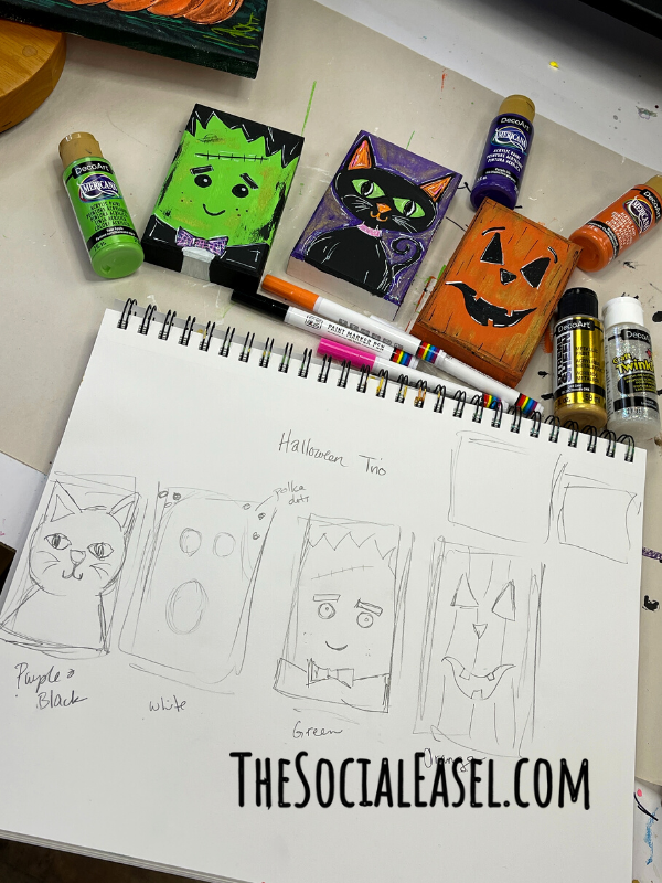 Mixed Media Pad with 4 sketches of Halloween designs. 