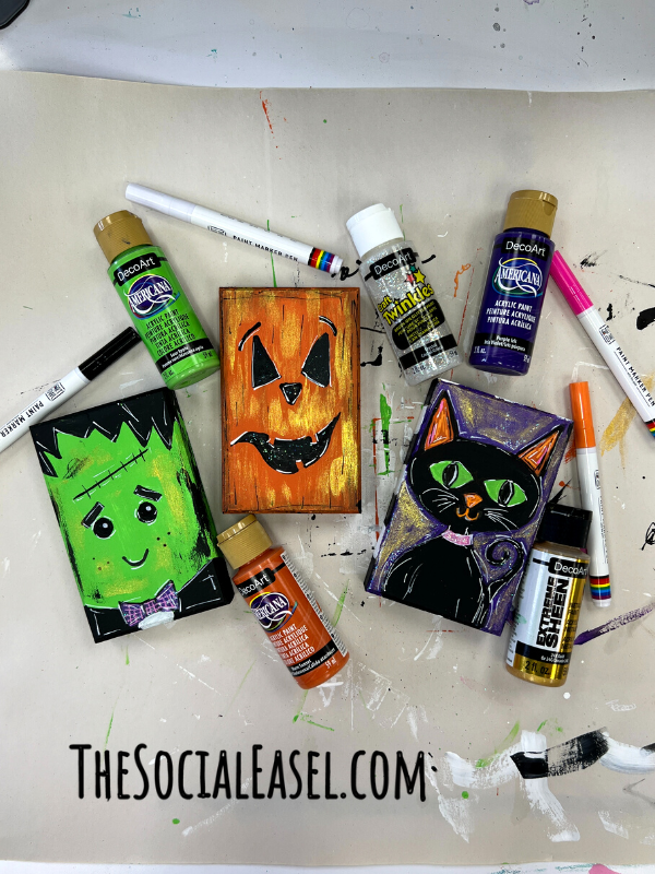 Halloween Trio-Blocks painted with a Frankenstein, pumpkin, black cat.