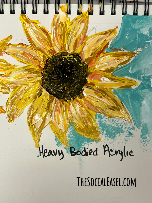 A sunflower with heavy bodied acrylic paint practiced on a multi media pad.